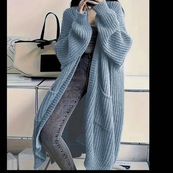 CABLE KNIT OPEN FRONT RELAXED FIT CARDIGAN WITH  POCKETS BLUE NWT - Picture 1 of 4